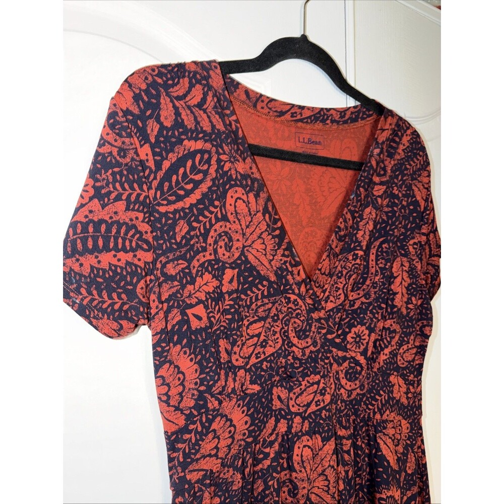 LL Bean Jersey Knit Faux Wrap Midi Dress Floral Leaf Red Med Short Sleeve Soft - Picture 2 of 15